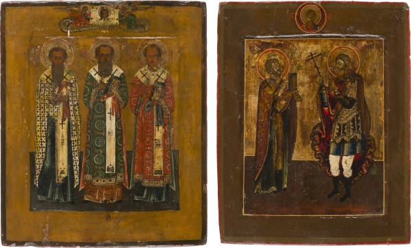 Auction 147<br>ZWEI IKONEN: DREI HIERARCHEN DER ORTHODOXEN KIRCHE UND DIE HEILIGEN TICHON VON SADONSK UND THEODOR STRATELATES