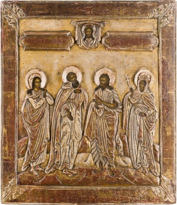 Auction 147<br>GROSSE UND SELTENE IKONE MIT DEN HEILIGEN MARIA, ALEXANDER, JOHANNES UND KATHARINA MIT STUCK-OKLAD