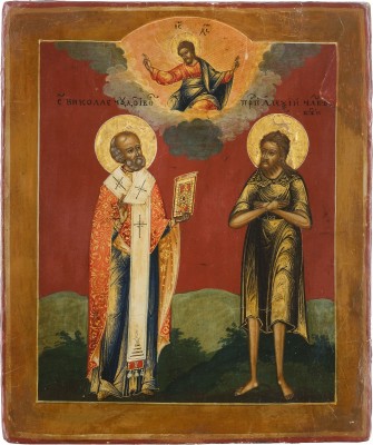 Auction 147<br>KLEINE IKONE MIT DEN HEILIGEN NIKOLAUS VON MYRA UND ALEXIUS, MANN GOTTES