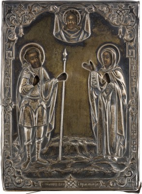 Auktion 147<br>MINIATUR-IKONE MIT DEN HEILIGEN JOHANNES DEM KRIEGER UND ANASTASIA MIT SILBER-OKLAD
