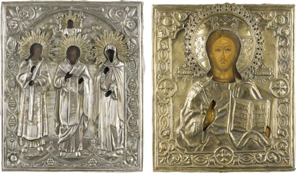 Auktion 147<br>ZWEI IKONEN MIT OKLAD: CHRISTUS PANTOKRATOR UND PATRONATSIKONE