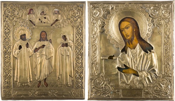 Auction 147<br>ZWEI IKONEN: PATRONATSIKONE MIT DEN HEILIGEN JOHANNES DEM VORLÄUFER FLANKIERT VON KONSTANTIN UND HELENA SOWIE JOHANNES DER VORLÄUFER AUS EINER DEESIS MIT OKLAD
