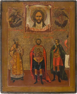 Auction 147<br>IKONE MIT DEM MANDYLION UND DEN HEILIGEN JONA, METROPOLIT VON MOSKAU, THEODOR UND DEMETRIUS