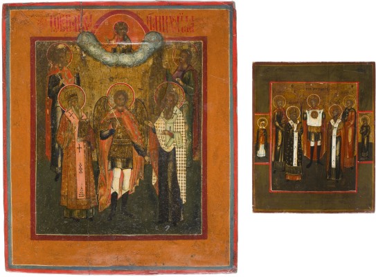 Auktion 147<br>ZWEI IKONEN MIT DEM ERZENGEL MICHAEL UND DEN TIERPATRONEN BLASIUS, MODESTUS, FLORUS UND LAURUS