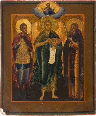 Bild KLEINE IKONE MIT JOHANNES DEM VORLÄUFER FLANKIERT VON DEN HEILIGEN THEODOR UND SERGEJ VON RADONESCH