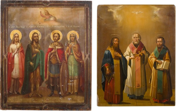 Auction 147<br>ZWEI IKONEN MIT DEN DREI HIERARCHEN SOWIE DEN HEILIGEN NADESCHDA, JOHANNES DEM VORLÄUFER, ALEXANDER NEWSKI UND OLGA