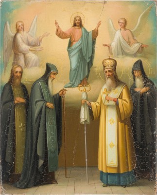 Picture KLEINE PATRONATSIKONE MIT CHRISTUS UND VIER AUSGEWÄHLTEN HEILIGEN