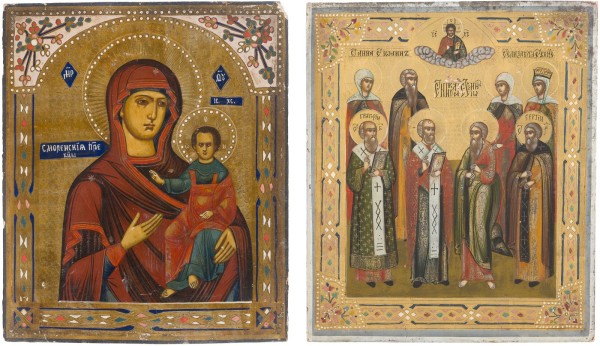 Auction 147<br>ZWEI IKONEN: GOTTESMUTTER VON SMOLENSK UND PATRONATSIKONE MIT ACHT HEILIGEN