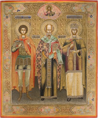 Auktion 147<br>BEDEUTENDE SIGNIERTE UND DATIERTE IKONE MIT DEM HEILIGEN NIKOLAUS VON MYRA FLANKIERT VON DEN HEILIGEN GEORG UND ALEXANDRA