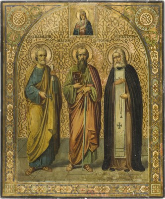 Bild GROSSFORMATIGE IKONE MIT DEN APOSTELN PETRUS UND PAULUS UND DEM HEILIGEN SERAFIM VON SAROW