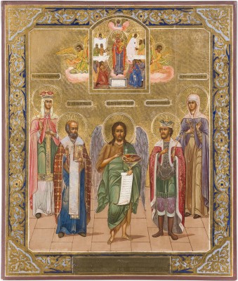 Auction 147<br>DATIERTE IKONE MIT DEM HEILIGEN JOHANNES DEM VORLÄUFER, ALEXANDER NEWSKI, NIKOLAUS VON MYRA, OLGA UND TAISIA