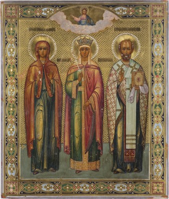 Auktion 147<br>PATRONATSIKONE MIT DER HEILIGEN ALEXANDRA FLANKIERT VON DER PROPHETIN ANNA UND DEM HEILIGEN NIKOLAUS VON MYRA