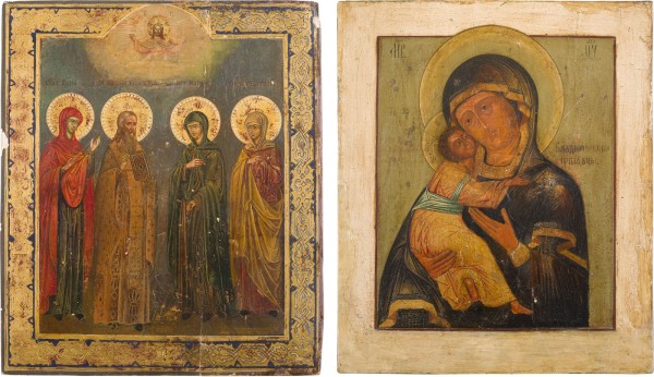 Auction 147<br>ZWEI IKONEN: GOTTESMUTTER VON WLADIMIR (WLADIMIRSKAJA) UND PATRONATSIKONE MIT VIER HEILIGEN