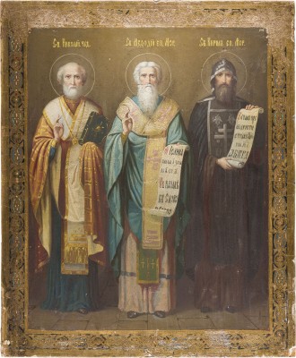 Auktion 147<br>GROSSFORMATIGE IKONE MIT DEN HEILIGEN NIKOLAUS VON MYRA, METHOD UND KYRILL