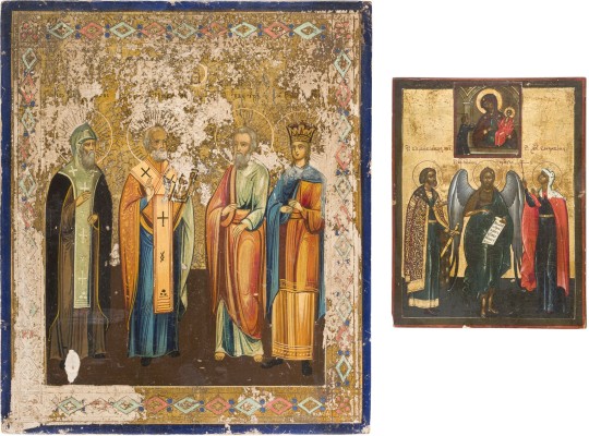 Auktion 147<br>ZWEI PATRONATSIKONEN MIT AUSGEWÄHLTEN HEILIGEN, DARUNTER ALEXANDER NESWKI, JOHANNES DER VORLÄUFER UND ELISABETH