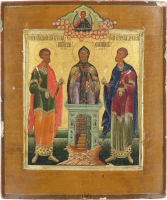 Picture FEINE PATRONATSIKONE MIT DEM HEILIGEN SYMEON STYLITES FLANKIERT VON KOSMAS UND DAMIAN