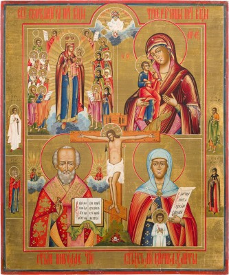 Auction 147<br>GROSSFORMATIGE VIERFELDER-IKONE MIT GNADENBILDERN DER GOTTESMUTTER UND DEN HEILIGEN NIKOLAUS VON MYRA UND JULITTA UND KIRIK