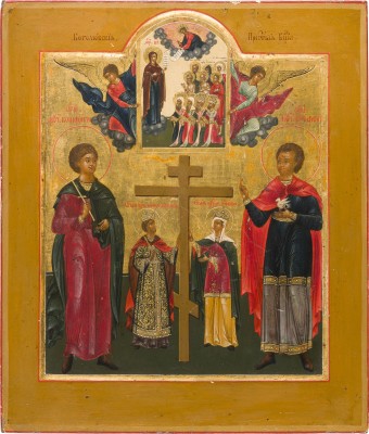 Auktion 147<br>SEHR FEINE IKONE MIT DER GOTTESMUTTER BOGOLUBSKAJA UND DEN HEILIGEN KONSTANTIN UND HELENA, BONIFATIUS UND TRIFON