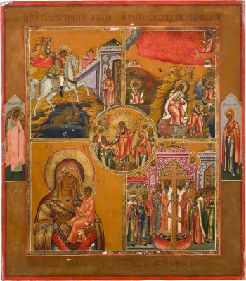 Auction 147<br>VIERFELDER-IKONE MIT DER HADESFAHRT CHRISTI, HEILIGEN UND DER GOTTESMUTTER VON TICHWIN (TICHWINSKAJA)