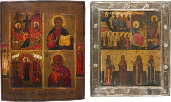 Auction 147<br>ZWEI MEHRFELDER-IKONE MIT DER GEBURT DER GOTTESMUTTER, CHRISTUS PANTOKRATOR, GNADENBILDERN DER GOTTESMUTTER UND HEILIGEN