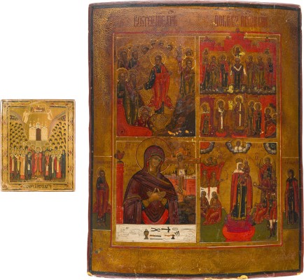 Auction 147<br>ZWEI IKONEN: KLEINE IKONE MIT DER SYNAXIS 'ALLER KIEWER WUNDERTÄTER' UND VIERFELDER-IKONE MIT DER HÖLLENFAHRT UND GNADENBILDERN DER GOTTESMUTTER