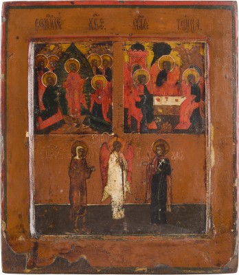 Auction 147<br>KLEINE DREIFELDER-IKONE MIT DER HÖLLENFAHRT CHRISTI, DER ALTTESTAMENTLICHEN DREIFALTIGKEIT UND HEILIGEN