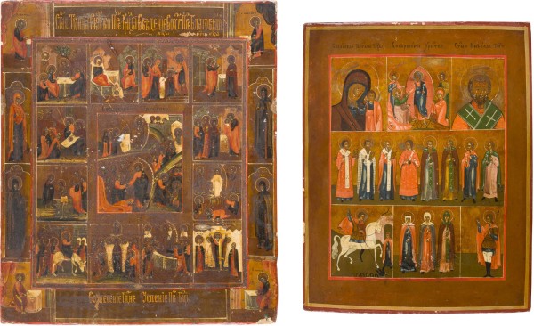 Auction 147<br>ZWEI IKONEN: MEHRFELDER-IKONE MIT DER HADESFAHRT CHRISTI, DER GOTTESMUTTER VON KASAN UND HEILIGEN UND FESTTAGSIKONE