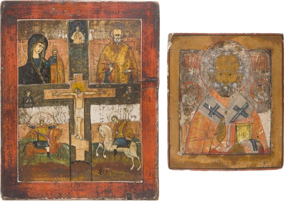 Auktion 147<br>ZWEI IKONEN: HEILIGER NIKOLAUS VON MYRA UND VIERFELDER-IKONE MIT DER GOTTESMUTTER VON KASAN UND HEILIGEN