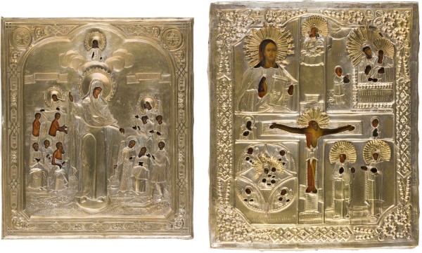 Auktion 147<br>ZWEI IKONEN MIT OKLAD: GOTTESMUTTER 'FREUDE ALLER LEIDENDEN' UND VIERFELDER-IKONE MIT CHRISTUS PANTOKRATOR, GNADENBILDERN DER GOTTESMUTTER UND HEILIGEN