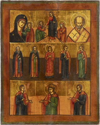 Auction 147<br>KLEINE MEHRFELDER-IKONE MIT DER GOTTESMUTTER VON KASAN, DER HADESFAHRT CHRISTI UND AUSGEWÄHLTEN HEILIGEN
