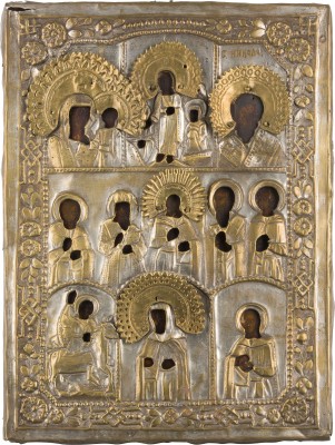 Auktion 147<br>MEHRFELDER-IKONE MIT DER HÖLLENFAHRT CHRISTI, DER GOTTESMUTTER VON KASAN UND AUSGEWÄHLTEN HEILIGEN MIT OKLAD