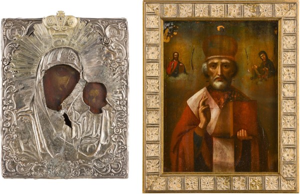 Auction 147<br>ZWEI IKONEN: GOTTESMUTTER VON KASAN MIT SILBER-OKLAD UND HEILIGER NIKOLAUS VON MYRA