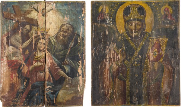 Auktion 147<br>ZWEI GROSSFORMATIGE IKONEN: HEILIGER NIKOLAUS VON MYRA UND KRÖNUNG DER GOTTESMUTTER