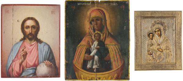 Auktion 147<br>DREI IKONEN: GNADENBILDER DER GOTTESMUTTER UND CHRISTUS PANTOKRATOR