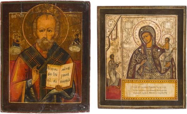 Auction 147<br>ZWEI IKONEN: GOTTESMUTTER 'UNERWARTETE FREUDE' UND HEILIGER NIKOLAUS VON MYRA