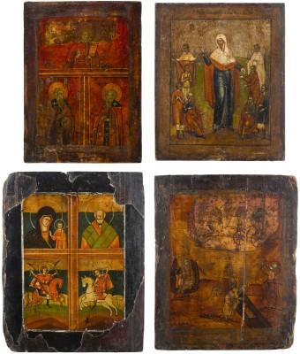 Auktion 147<br>VIER IKONEN: GNADENBILDER DER GOTTESMUTTER, PROPHET ELIAS UND AUSGEWÄHLTE HEILIGE