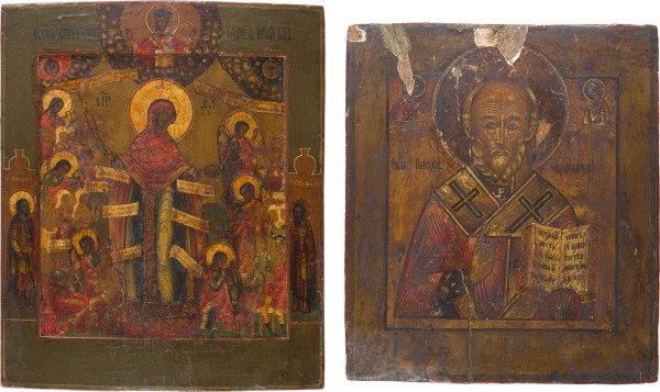 Auktion 147<br>ZWEI IKONEN: GOTTESMUTTER 'FREUDE ALLER LEIDENDEN' UND HEILIGER NIKOLAUS VON MYRA