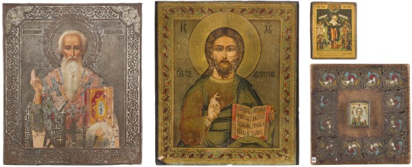 Auktion 147<br>VIER IKONEN: CHRISTUS PANTOKRATOR, GOTTESMUTTER 'FREUDE ALLER LEIDENDEN' UND HEILIGE