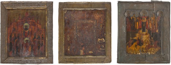 Auction 147<br>DREI IKONEN MIT BASMA: FLORUS UND LAURUS, GOTTESMUTTER POKROW UND FESTTAGSIKONE