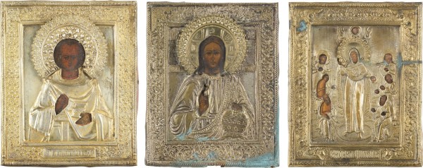 Auction 147<br>DREI KLEINE IKONEN MIT OKLAD: CHRISTUS PANTOKRATOR, GOTTESMUTTER 'FREUDE ALLER LEIDENDEN' UND HEILIGER PANTELEIMON