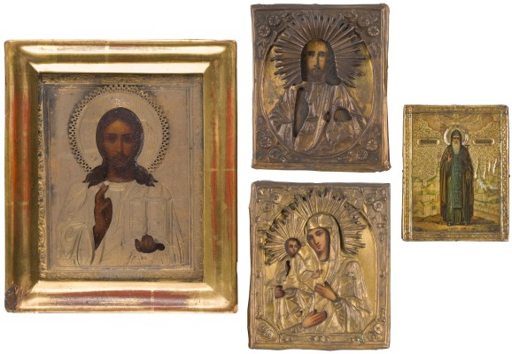 Auction 147<br>VIER KLEINE IKONEN: CHRISTUS PANTOKRATOR, DIE DREIHÄNDIGE GOTTESMUTTER UND HEILIGER MAKARIJ