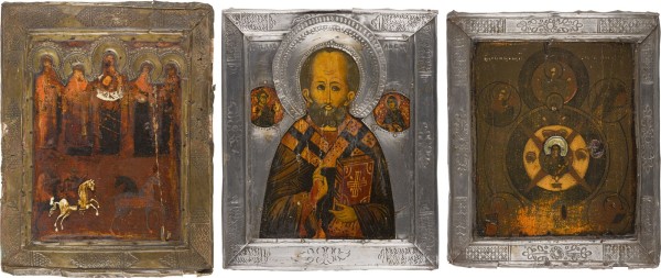 Auction 147<br>DREI IKONEN MIT BASMA: HEILIGER NIKOLAUS VON MYRA, FLORUS UND LAURUS UND 'DAS ALLES-SEHENDE AUGE GOTTES'
