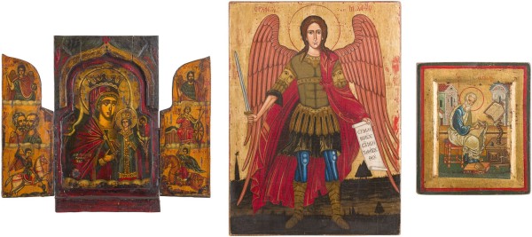 Auction 147<br>DREI IKONEN: TRIPTYCHON MIT DER GOTTESMUTTER 'NICHT VERWELKENDE BLUME', EVANGELIST MATTHÄUS UND ERZENGEL MICHAEL