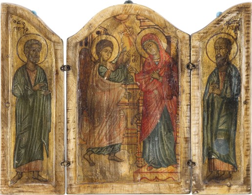 Auction 147<br>KLEINES TRIPTYCHON MIT VERKÜNDIGUNG UND DEN APOSTEN PETRUS UND PAULUS