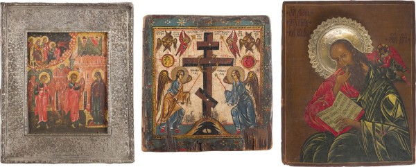 Auktion 147<br>DREI IKONEN: VERKÜNDIGUNG, DIE ANBETUNG DES KREUZES UND JOHANNES IM SCHWEIGEN