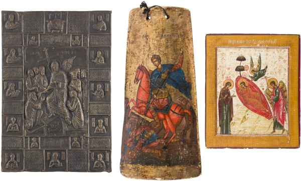 Auction 147<br>IKONE MIT DEM NICHT SCHLAFENDEN AUGE GOTTES, RELIEF MIT DER HÖLLENFAHRT CHRISTI UND DACHZIEGEL MIT DEM HEILIGEN GEORG DEM DRACHENTÖTER