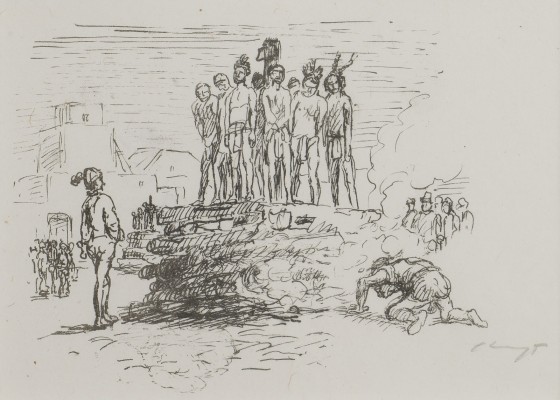 Picture 'EINGEBORENE GEFANGENE AUF EINEM HOLZSTOSS, DER IN BRAND GESTECKT WIRD' (1918)