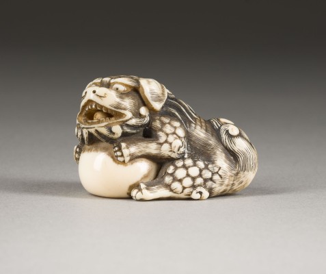 Bild EIN FEINES GESCHNITZTES NETSUKE EINES SHISHI MIT EINEM BALL AUS ELFENBEIN