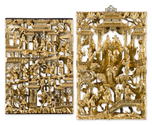 Auktion 148<br>ZWEI GOLDLACKIERTE HOLZRELIEFS MIT FIGURALEN DARSTELLUNGEN
