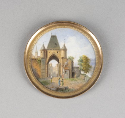 Picture MINIATUR 'FLUSSLANDSCHAFT MIT FIGUREN AM STADTTOR'